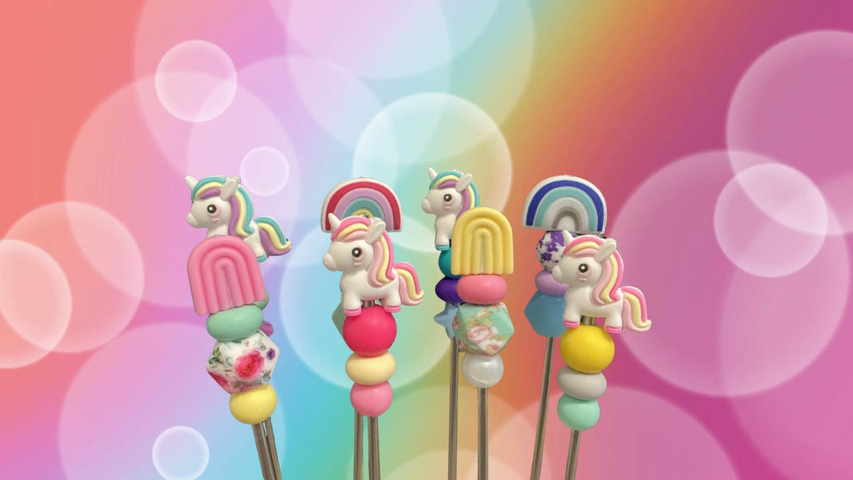 Pair of 8" Pony & Rainbow Amigurumi Sewing Sticks: Crochet Plushie Aids, Magical Knitting Needles